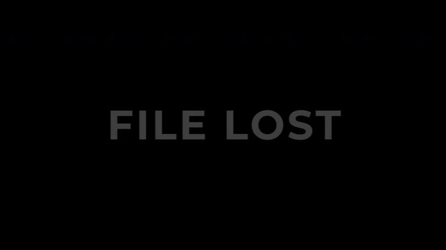 text, animation, rgb glitch, transparent, Digital File Lost Error Message on Black Screen.