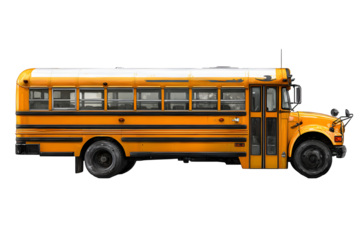 Classic yellow school bus side view, American education transport isolated on transparent background for travel and educational design