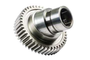 Metal helical gear mechanism with shaft isolated on a transparent background industrial