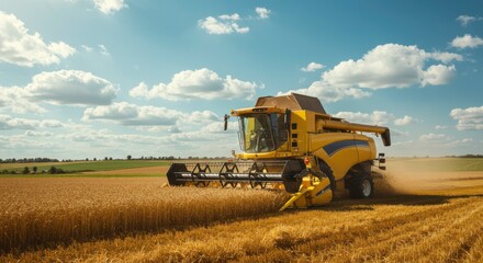 Obraz premium Combine harvester in a golden wheat field under a partly cloudy sky capturing the essence of