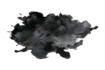 Black watercolor ink blot textured stain, abstract artistic splash isolated on transparent background for modern creative design and art

