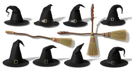 Collection of halloween witch hats and brooms isolated on white background