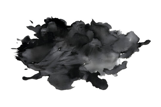Black watercolor ink blot textured stain, abstract artistic splash isolated on transparent background for modern creative design and art