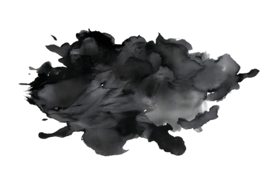 Black watercolor ink blot textured stain, abstract artistic splash isolated on transparent background for modern creative design and art

