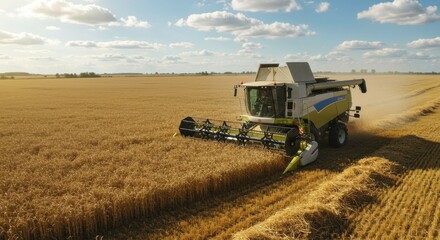 Naklejka premium Combine Harvester in Action: Harvesting Wheat in Golden Fields Under a Sunny Sky