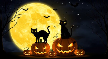 Two black cats sitting on carved pumpkins under a full moon with bats flying in the night sky