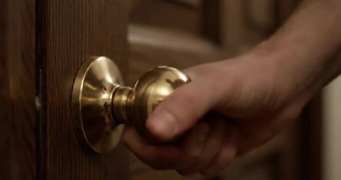 Hand turning a brass doorknob on a wooden door in a dimly lit interior space