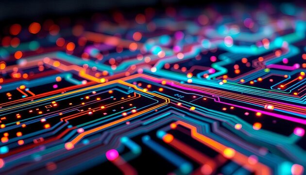 Abstract circuit board texture, glowing digital lines,  screen,  graphic