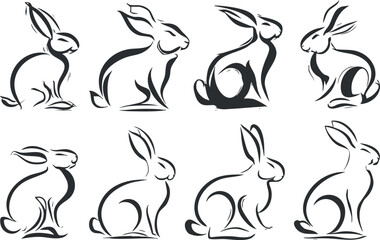 Fototapeta premium A collection of artistic rabbit illustrations showcasing various poses and styles in black and white..
