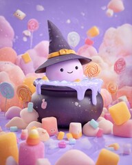 Cute Candy Witch with Magical Cauldron of Sweets – Kawaii Halloween Illustration