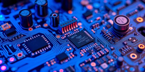 Close-up of intricate circuit board components, glowing blue,  chip,  hardware