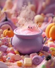 Cute Candy Witch with Magical Cauldron of Sweets – Kawaii Halloween Illustration