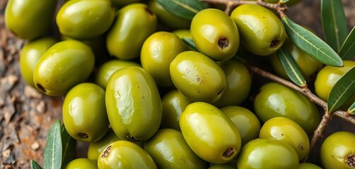 Close-up of vibrant green olives on a rustic background ,   kitchen,   bowl