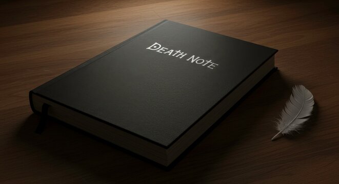 Dramatic composition featuring a Death Note book and feather on a wooden surface