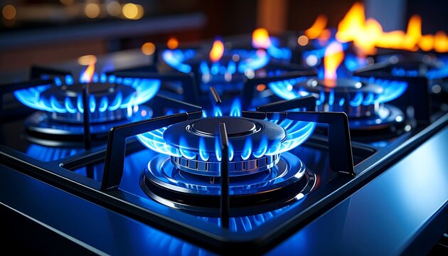 Closeup of blue gas flames burning on a black modern kitchen stove. - Powered by Adobe