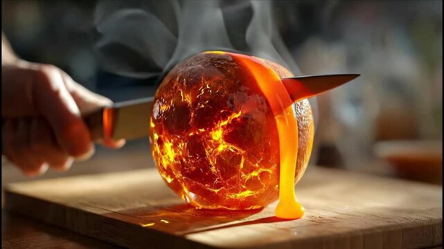 Hand carefully slicing into a glowing orange illuminating from within with fiery lava patterns. Radiating intense heat and smoke on a rustic wooden cutting board. Symbolizing energy and transformation