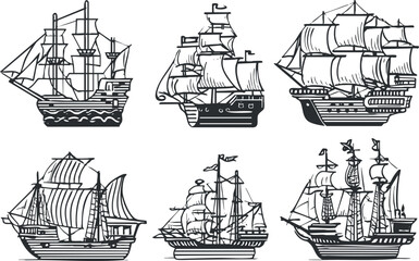 A collection of vintage ship illustrations showcasing various sailing vessels in a nautical theme..
