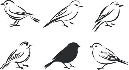 Fototapeta premium A collection of stylized black and white bird illustrations showcasing various small bird species..