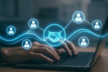 Business partnership concept digital transformation connecting people and technology worldwide illustration of a handshake over a laptop representing teamwork and global networking