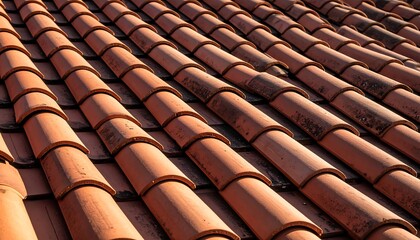 Closeup of terracotta roof tiles with angled perspective, texture detail, and architecture.