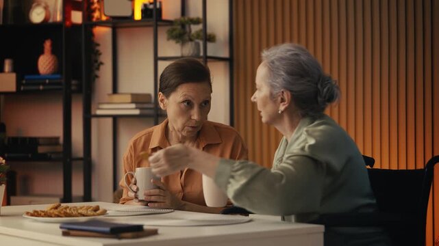 Senior woman in wheelchair and best friend gossiping while drinking tea, trust
