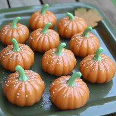 Festive pumpkin-shaped treats on a green plate for autumn celebrations and Halloween gatherings