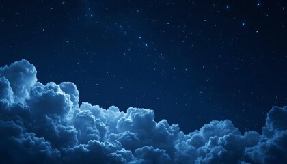 The illustration shows a vast expanse of night sky filled with numerous stars and a thick layer of fluffy blue clouds at the bottom.