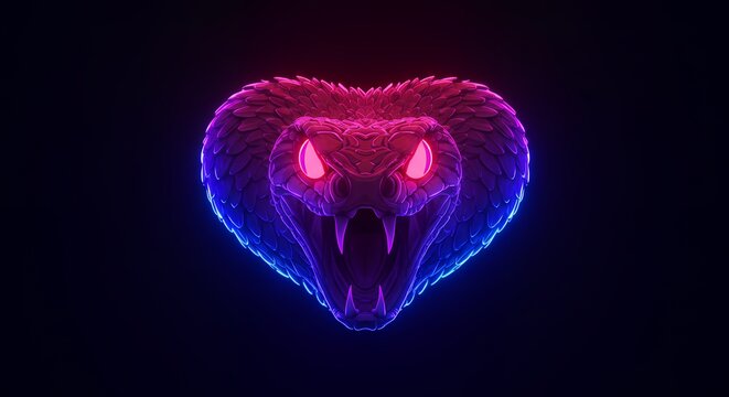 Glowing heart shaped snake head in digital illustration on black background
