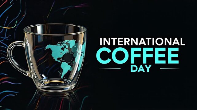 Celebrating International Coffee Day with a glass cup featuring a world map design - Powered by Adobe