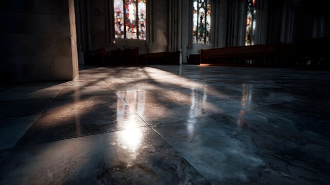 Sunlight streams through stained glass  casting colorful shadows on the polished marble floor of a serene cathedral interior
