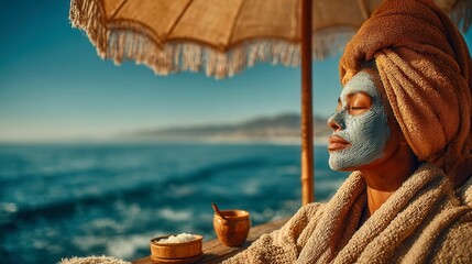 Woman relaxing under beach umbrella, enjoying scenic ocean view, wearing sunglasses and a cozy shawl, peaceful summer vibe.