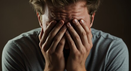 Man covering face with hands portrait expressing distress and despair conceptual image