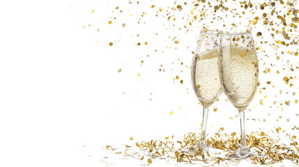 Champagne Glasses with Golden Confetti on Transparent Background