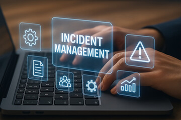 Incident management concept a professional working on a laptop with an overlay showing a central incident management text and icons for documentation settings people and warnings