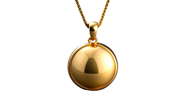 Shiny gold sphere pendant necklace with a reflective surface and chain