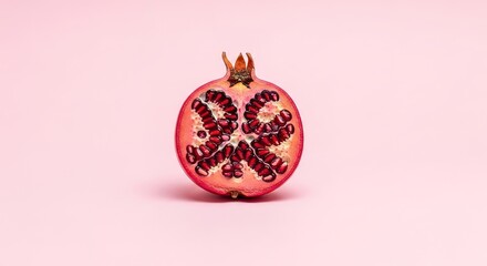 Symmetrical pomegranate half with ruby seeds against a soft pink