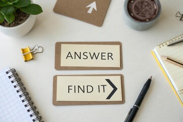 Cards with Answer and Directional Arrow on a Desk Surface