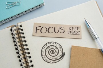 Flat lay of spiral sketch and focus message on notebook