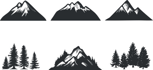 Fototapeta premium Silhouettes of mountains and trees ideal for outdoor and nature-themed designs..