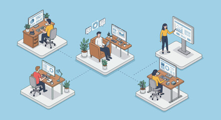 Obraz premium Isometric illustration of a modern hybrid work model, showcasing a business team collaborating seamlessly from both office and remote locations through a connected network