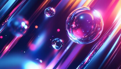 Obraz premium The illustration shows three shiny spheres floating against a backdrop of diagonal, multicolored light streaks and small bokeh effects.