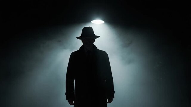 Mysterious Figure in Hat and Trench Coat Under Spotlight in Smoky Dark Room.