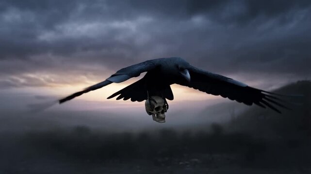A majestic raven soars through a twilight sky, carrying an ancient human skull in its talons. This dark, cinematic shot is perfect for gothic, horror, or fantasy projects with a macabre theme