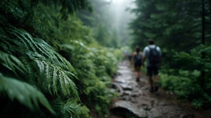 Obraz premium People hiking on a wet green forest trail surrounded by lush vegetation and mist