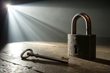 Metal Lock and Key with Dramatic Light Beam Shining Down