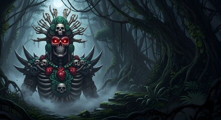 Mysterious skeletal figure emerges from the depths of a dark and misty jungle, glowing red eyes pierce.