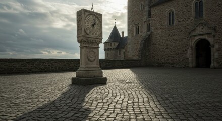 Medieval castle courtyard featuring a sundial clock against a dramatic sky landscape