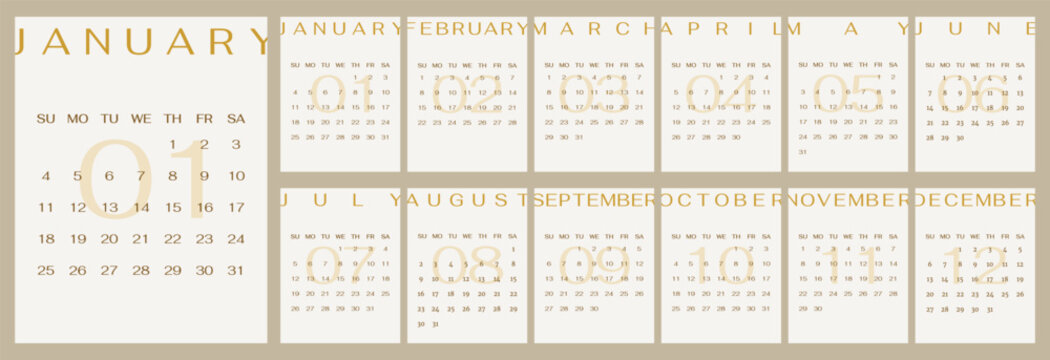 Modern Calendar 2026 template of 12 month vertical pages set. Week starts on sunday english planner for the year
