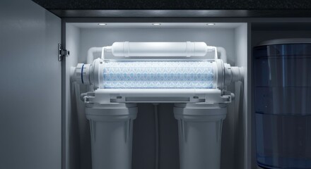 Modern reverse osmosis water filtration system installed in a kitchen cabinet space