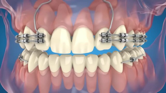 A 3D medical illustration of a human jaw showing the alignment of teeth with metal orthodontic braces on the upper and lower arches.